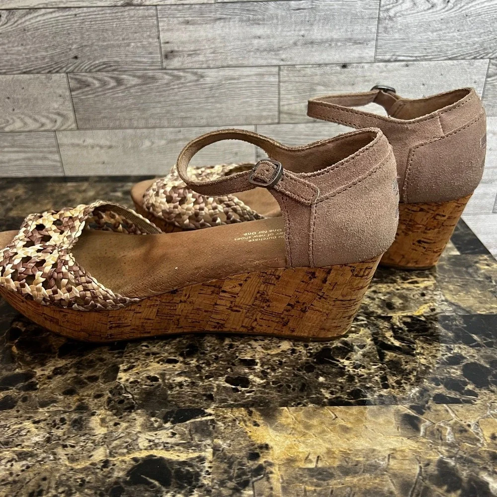 TOMS Platform Wedge Tan Stucco‎ Suede Woven Open Toe Cork Sandals Womens US 8